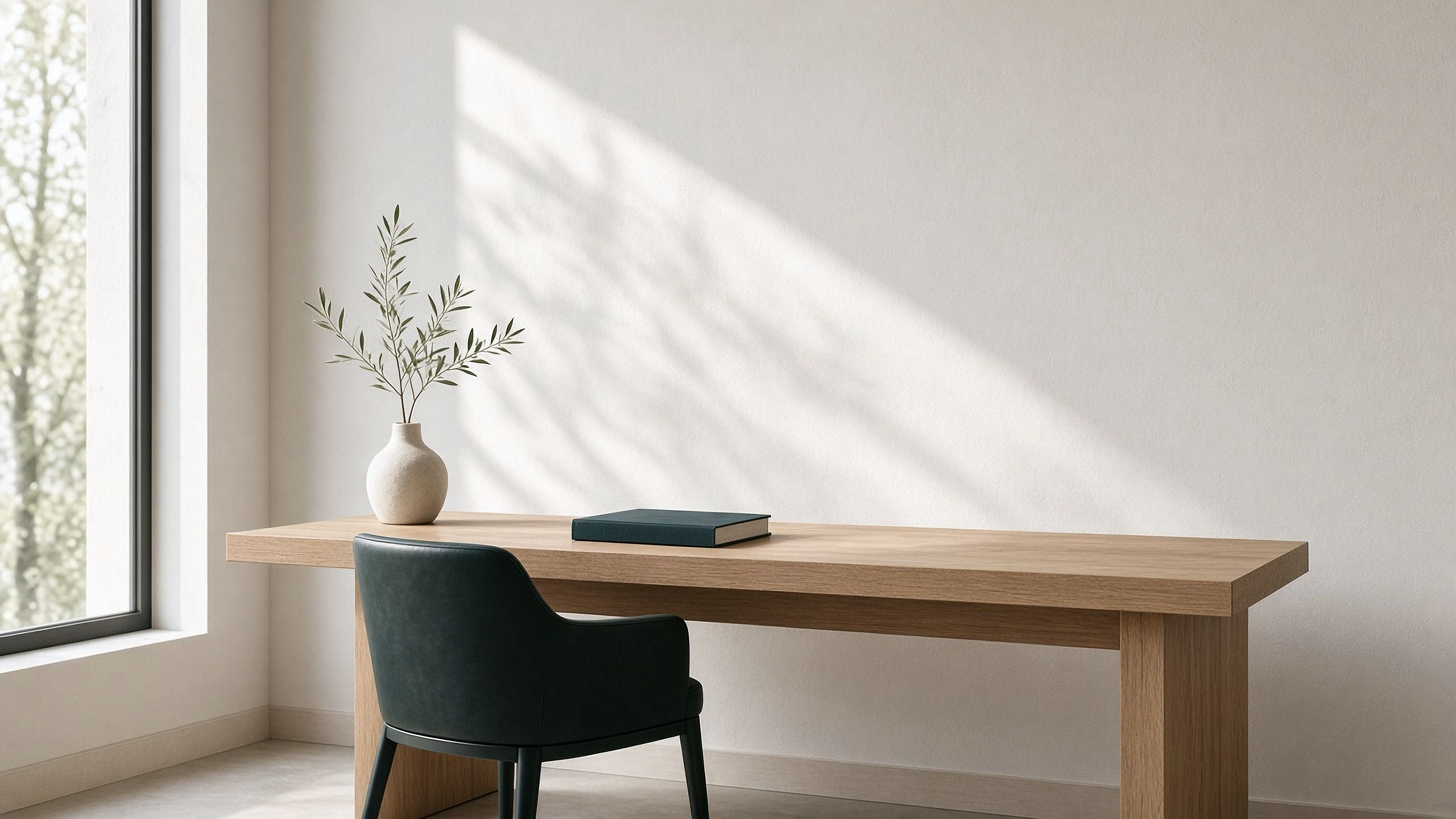 Scrivania in rovere con una sedia verde scuro, un libro e un ramo d’ulivo, nella luce di una finestra. Immagine illustrativa.