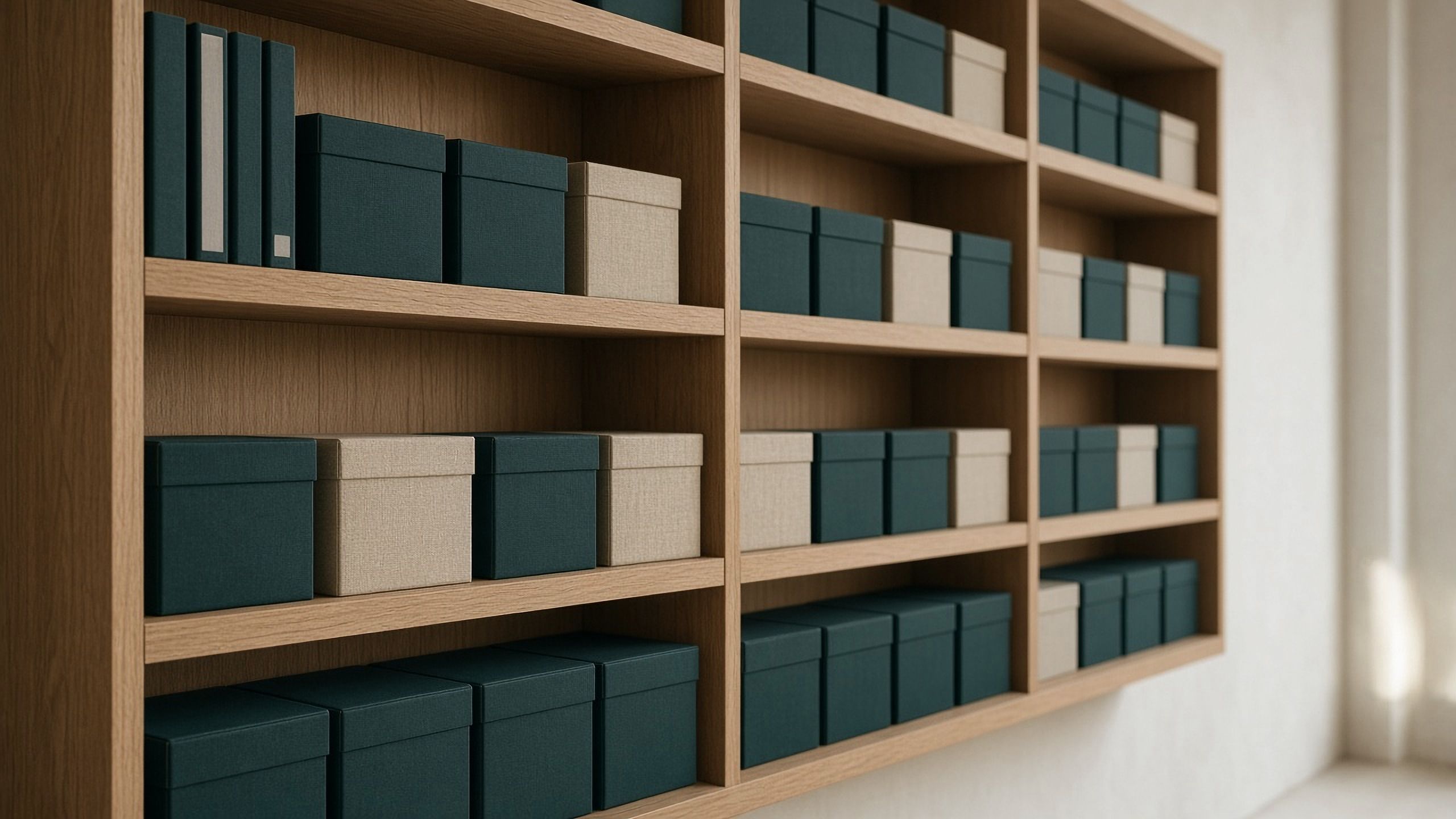 Scaffale in rovere con scatole d’archivio verdi e color lino. Immagine illustrativa.