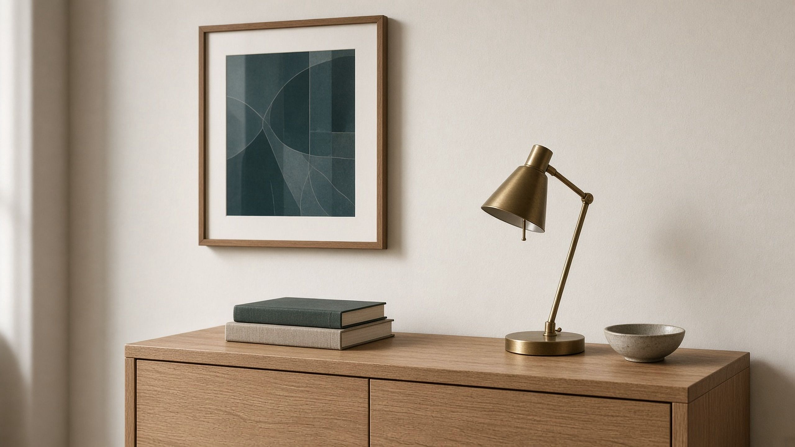 Mobile in rovere con libri e una lampada in ottone, sotto una stampa astratta nei toni del verde petrolio. Immagine illustrativa.